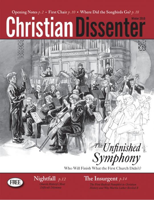 symphony orchestra preparing for performance with words, "The Unfinished Symphony"