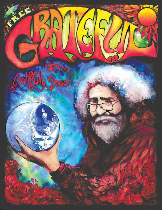 jerry garcia well aged, looking into crystal ball with image of him in youth...